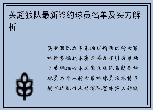 英超狼队最新签约球员名单及实力解析